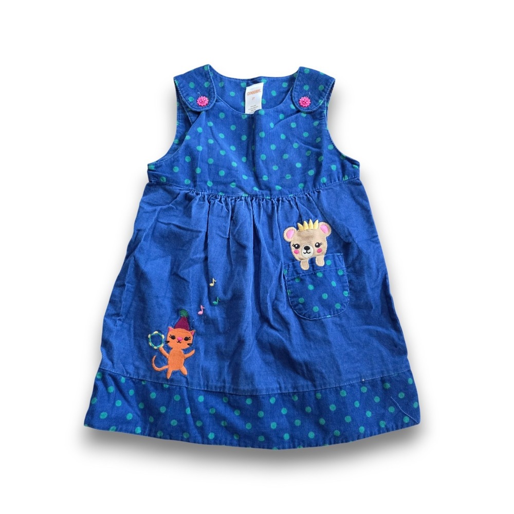 Gymbroee Corduroy Dress Embroidered Pocket Bear Cat Blue Polka Dot Girls 2T